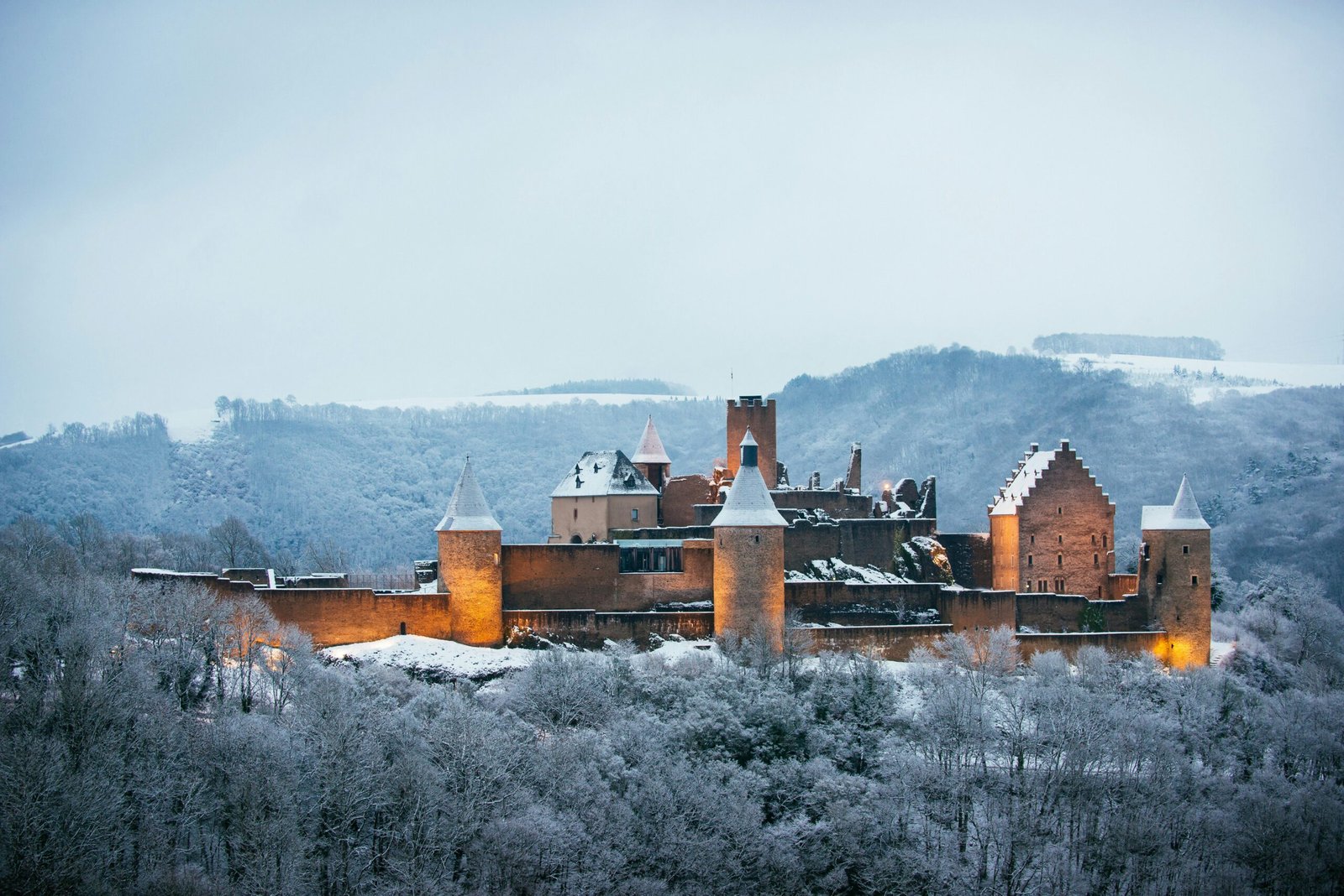 photo of gray concrete castle surrounded by trees